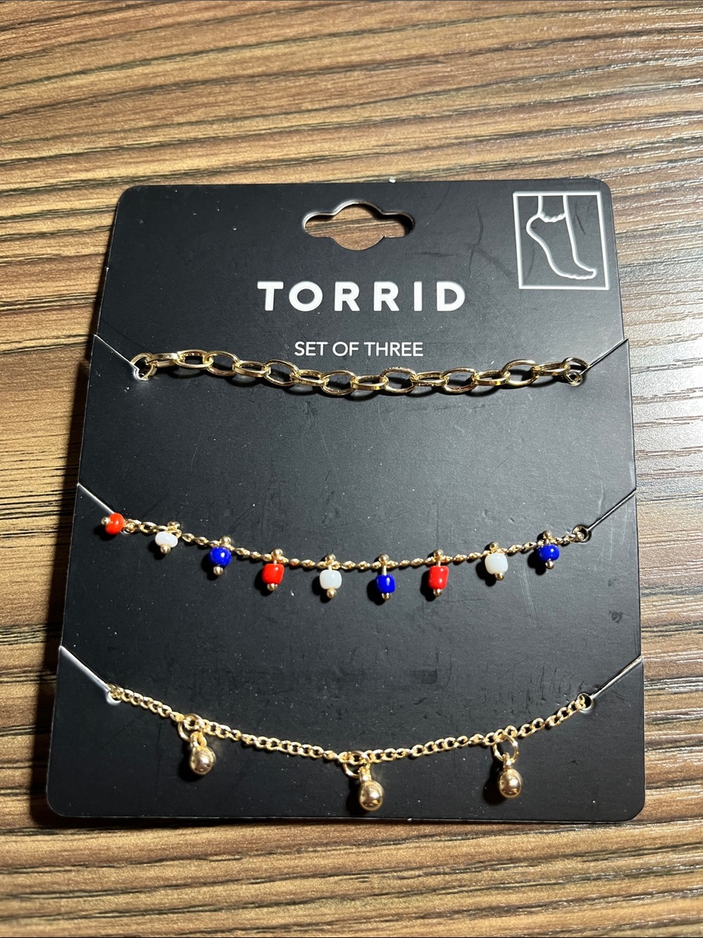 NWT TORRID Gold Tone Anklet Set with Red, Blue & White Beads - Set of Three